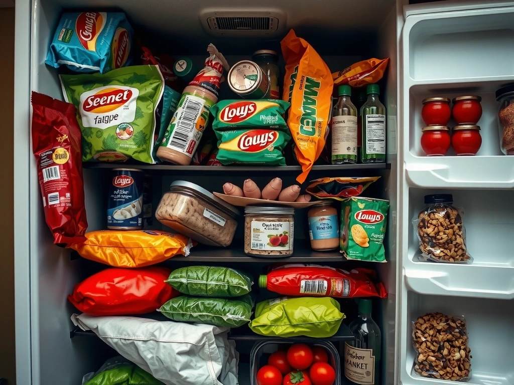 Unordentlicher Kühlschrank voller Trendprodukte